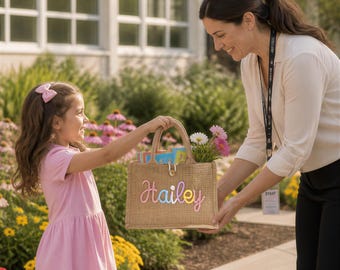 Sac fourre-tout personnalisé pour enseignant avec nom, sac de plage en jute personnalisé, cadeau de remerciement pour enseignant, cadeau de rentrée
