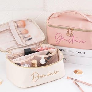 Embroidered Leather Makeup Bag, Large Capacity Cosmetic Bag, Custom Travel Makeup Bag, Personalized Bridesmaid Gift,Valentine&#39;s Gift For Her