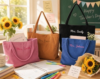 Sac fourre-tout personnalisé pour professeur avec prénom brodé, cartable en velours côtelé doux pour professeur, cadeau de remerciement pour la rentrée