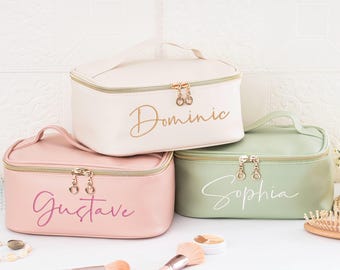 Custom Leather Embroidered Makeup Bag: Large Travel Cosmetic Bag
