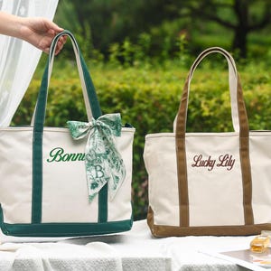 Custom Canvas Tote Bag, Personalized Boat Tote Bag, Bridesmaid Gift Tote Bag, Beach Handbags with Ribbon, Bachelorette Gift,Girl Shopper Bag