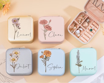 Boîte à bijoux de voyage en cuir personnalisée, écrin pour fleurs de naissance personnalisé, organiseur cadeau de demoiselle d'honneur