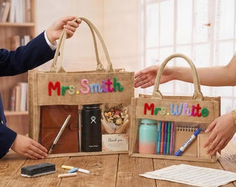 Cadeau personnalisé pour la rentrée des classes pour enseignant, sac fourre-tout pour enseignant, sac en toile de jute avec nom personnalisé, cadeau de remerciement pour enseignant, cadeau pour la salle de classe