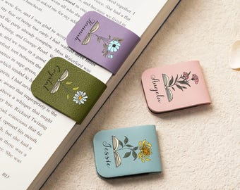 Personalized Leather Magnetic Bookmark: Birth Flower Gift