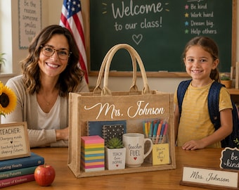 Sac fourre-tout personnalisé pour professeur avec nom, sac cadeau personnalisé en jute pour professeur, cadeau de rentrée scolaire pour professeur, cadeau de remerciement pour professeur