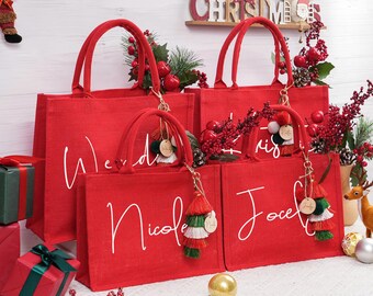 Sac cadeau de Noël personnalisé en toile de jute avec breloque