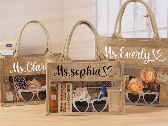 Personalized Teacher Tote Bag with Name, Custom Jute Teacher Gift Bag, Back to School Gift for Teachers, Teacher Appreciation Gift