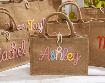Sac fourre-tout en jute personnalisé, prénom personnalisé en chenille, cadeau de remerciement pour enseignant, cadeau de rentrée