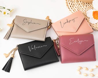 Custom Women's Wallet With Name, Personalized Leather Wallet for Women, Mother's Day Gift, Purse With Tassel, Bridesmaid Gifts, Wedding Gift