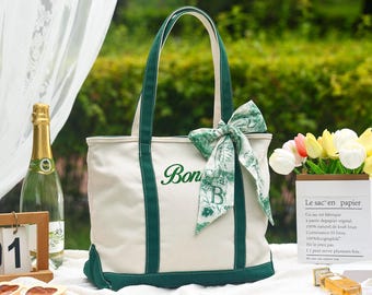 Sac fourre-tout en toile personnalisé : sac à main de plage brodé personnalisé avec ruban