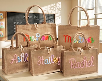 Sac fourre-tout personnalisé pour enseignant avec nom, sac de plage en jute personnalisé, cadeau de remerciement pour enseignant, cadeau de rentrée