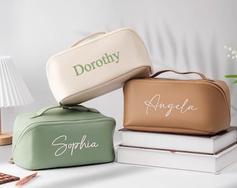 Personalized Leather Embroidered Makeup Bag, Custom Large Capacity Cosmetic Bag, Gift for Women, Gifts for Her, Gift for Mom