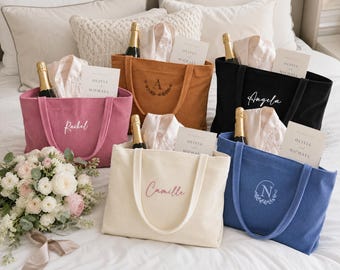 Sac fourre-tout personnalisé en velours côtelé pour demoiselle d'honneur avec nom brodé personnalisé, grand sac cadeau de fête de mariage pour elle