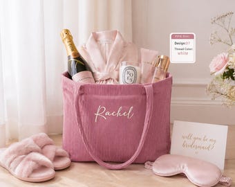 Sac cabas en velours côtelé personnalisé pour demoiselle d'honneur avec nom brodé, grand sac cadeau pour la fête de mariage