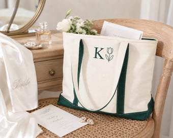 Sac cabas personnalisé en toile brodée pour demoiselle d'honneur, avec foulard initial en option, cadeau pour le cortège nuptial