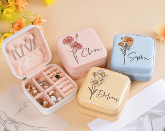 Personlig smyckeskrin för födelseblommor, brudtärnegåva