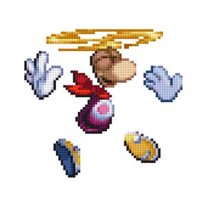 Puede incluir: Imagen pixelada de un personaje de dibujos animados con cabeza marrón, pelo rojo y cuerpo morado. El personaje tiene guantes blancos y pies amarillos. Un halo dorado y pixelado está sobre la cabeza.