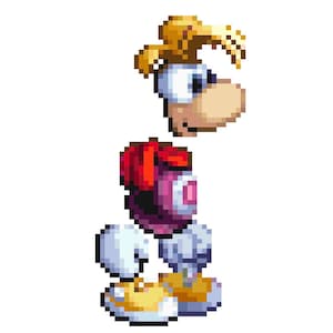 Puede incluir: Un personaje de dibujos animados con una mochila roja y morada, pantalones blancos, zapatos amarillos y un mohicano rubio.