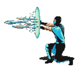May include: A blue and black video game character with a mask is kneeling and firing a blue energy blast from their hand.