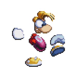 Puede incluir: Imagen pixelada de un personaje de videojuego con cara bronceada, pelo rubio y ropa azul. Las partes del cuerpo del personaje están separadas, incluyendo un zapato rojo y morado, un zapato amarillo y blanco y dos guantes blancos.