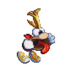 Puede incluir: Personaje de dibujos animados pixelado con ojos blancos grandes, cara marrón y lengua roja. El personaje tiene pelo amarillo y zapatos amarillos y blancos. La imagen es una ilustración digital sobre fondo blanco.