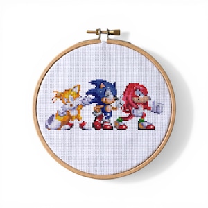 May include: A cross-stitch embroidery hoop featuring Sonic the Hedgehog, Tails, and Knuckles. Sonic is blue, Tails is yellow and orange, and Knuckles is red. The characters are in a running pose, stitched on white fabric, set in a wooden hoop.