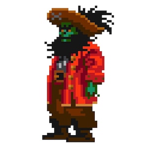 May include: A green-skinned pirate with a long black beard wearing a red and gold jacket, brown pants, and a brown hat with a skull and crossbones.