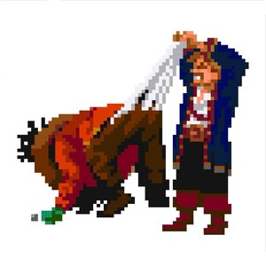 May include: A pixelated illustration of two figures in a fight. One figure is wearing a red and orange shirt and brown pants, while the other figure is wearing a blue shirt, black pants, and a white sash. The figure in the blue shirt is holding a white cloth in his right hand.