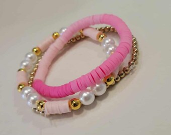 Clay Bead Bracelet - Pink, White, Gold - Stack of 3 - Stackable Matching Gift Set - Teen Jewelry