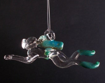 Male or Female Glass Scuba Diver, Hand Blown Ornament, Suncatcher, Aqua Blue, Choose Your Accent Color