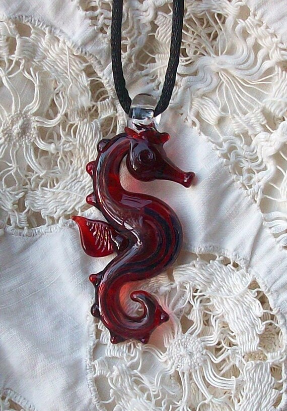 Red Hand Sculpted Glass Seahorse Pendant Necklace Focal Bead Etsy