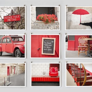 Paris Photography, Gallery Wall Set, Red Wall Art Paris Photography, Extra Large Wall Art, Apartment Art for Her