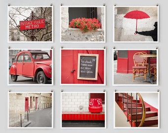 Paris Photography, Gallery Wall Set, Red Wall Art Paris Photography, Extra Large Wall Art, Apartment Art for Her