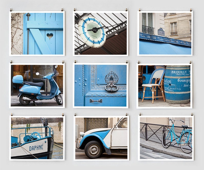 Fine Art Photography, Paris Gallery Gallery Wall Art Prints, Blue Paris Photography Collection, Extra Large Gallery Wall Art image 1