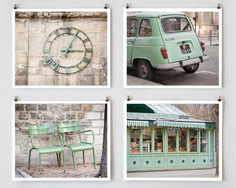 Green Paris Print Collection, Paris Photography, Mint Green Art Prints, Paris Decor