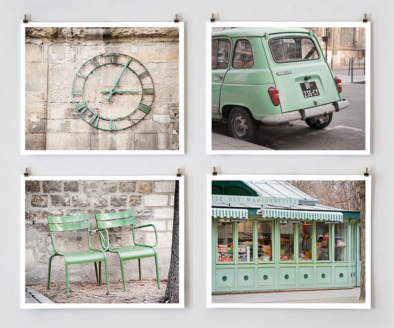 Green Paris Print Collection, Paris Photography, Mint Green Art Prints, Paris Decor image 1