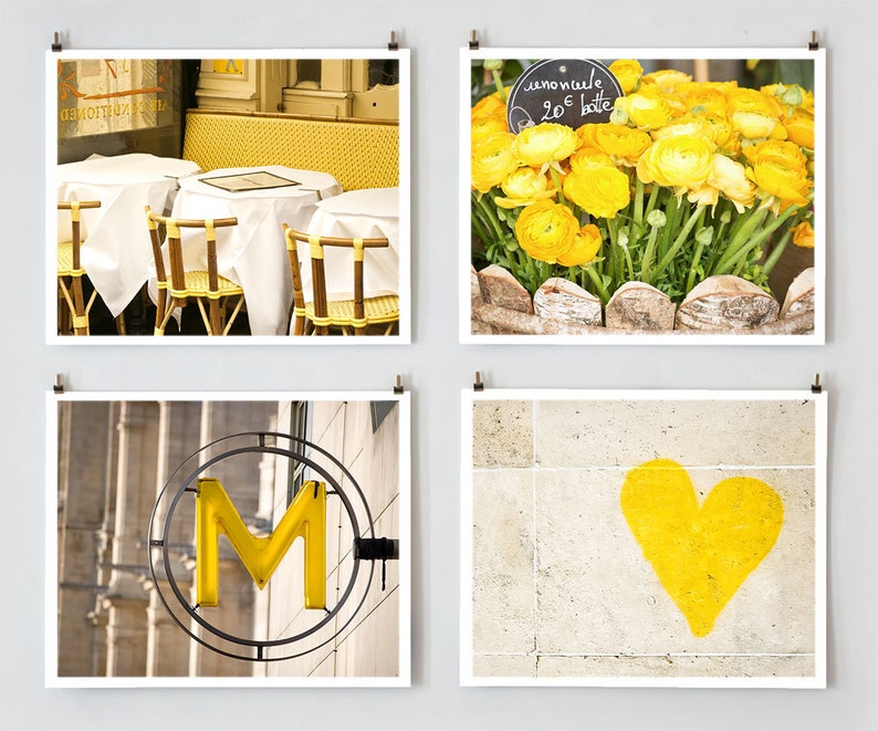 Fine Art Photography, Paris Gallery Wall Set Yellow Paris Photography, Yellow Wall Art, Extra Large Wall Art Set image 1