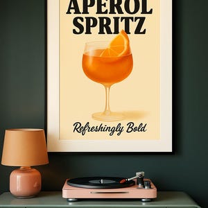 Afdrukbare muurkunst Aperol Spritz – retro cocktailprint, digitale download bardecor, moderne keukenkunst, thuisbarposter
