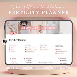Puede incluir: Una maqueta de pantalla digital que muestra una plantilla de planificador de fertilidad de Notion. La plantilla incluye secciones para realizar un seguimiento de tu ciclo, citas médicas, estilo de vida, presupuesto y recursos. La plantilla tiene un esquema de color rosa y blanco y presenta un diseño estético moderno.
