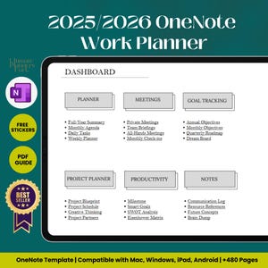 Puede incluir: Una plantilla de planificador digital para OneNote, diseñada para la planificación del trabajo. La plantilla incluye secciones para el tablero, el planificador, las reuniones, el seguimiento de objetivos, el planificador de proyectos, la productividad y las notas. La plantilla es compatible con Mac, Windows, iPad y Android e incluye más de 480 páginas.