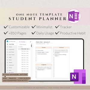 May include: A digital planner template for students, designed for use in Microsoft OneNote. The template features a daily task list, to-do list, and assignment section. The template is customizable and includes over 850 pages. The text "Daily Task - January 1" is visible at the top of the template.