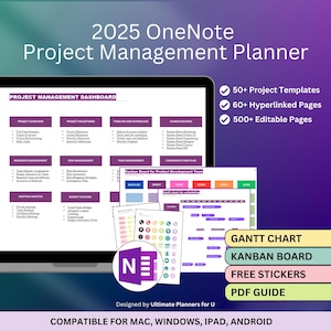 Puede incluir: Un icono de OneNote morado con el texto "NET" en su interior. La imagen muestra una pantalla de ordenador con un panel de control de gestión de proyectos, un diagrama de Gantt, un tablero Kanban y pegatinas gratuitas. El texto "2025 OneNote Project Management Planner" está en la parte superior de la imagen. El texto "Compatible con Mac, Windows, iPad, Android" está en la parte inferior de la imagen.