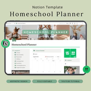 May include: A screenshot of a Notion template for homeschool planning. The template has a green and white color scheme and includes a calendar, a list of tasks, and a section for notes. The text "Homeschool Planner" is displayed in a large font at the top of the screen. The template is designed to help homeschool families organize their curriculum, schedule, and activities.