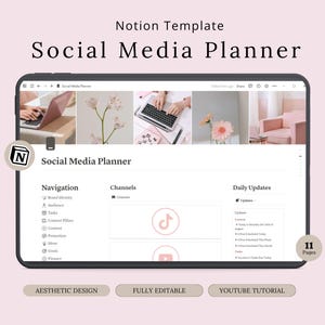 Puede incluir: Una captura de pantalla de una plantilla de Notion para la planificación de redes sociales. La plantilla se divide en tres secciones: Navegación, Canales y Actualizaciones diarias. La sección de Navegación incluye opciones para Identidad de marca, Público, Tareas, Pilares de contenido, Contenido, Promoción, Medios y Finanzas. La sección de Canales incluye opciones para Canales. La sección de Actualizaciones diarias incluye opciones para Actualizaciones, Contenido y Tareas. La plantilla está diseñada para ayudar a los usuarios a planificar y organizar su contenido en redes sociales.