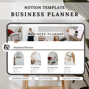 Op de afbeelding: Een screenshot van een Notion-sjabloon voor een businessplan. Het sjabloon is verdeeld in vier secties: Doelkaart, Overzicht, Marketing en Verkoop. Elke sectie bevat een lijst met items die in het plan moeten worden opgenomen. Het sjabloon is ontworpen om esthetisch aantrekkelijk en volledig bewerkbaar te zijn. Een YouTube-tutorial is beschikbaar voor gebruikers om te leren hoe ze het sjabloon kunnen gebruiken.