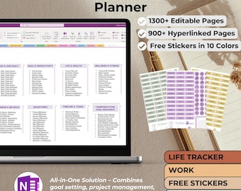 May include: A laptop screen displays a planner for 2025 & 2026 with sections for daily tasks, goals, and wellness. The image includes stickers and text: "1300+ Editable Pages," "900+ Hyperlinked Pages," and "Free Stickers in 10 Colors." The planner is an all-in-one solution.