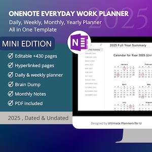 Op de afbeelding: Een digitale plannertemplate voor Microsoft OneNote, met een blauwe en paarse gradiëntachtergrond met de tekst "ONENOTE EVERYDAY WORK PLANNER 2025" en "Daily, Weekly, Monthly, Yearly Planner All in One Template". De template bevat een kalender voor het jaar 2025, met een lijst van functies waaronder "Editable +430 pages", "Hyperlinked pages", "Daily & weekly planner", "Brain Dump", "Monthly Notes" en "PDF included".