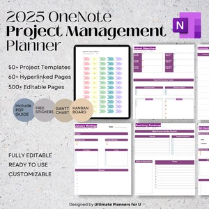 Puede incluir: Un planificador digital para la gestión de proyectos en OneNote. El planificador incluye más de 50 plantillas de proyectos, más de 60 páginas con hipervínculos y más de 500 páginas editables. También incluye una guía PDF gratuita, pegatinas, un diagrama de Gantt y un tablero Kanban.