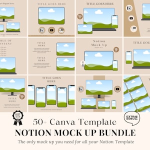 以下が含まれることがあります： Notion のモックアップ用の Canva テンプレート 50 個以上のコレクション。テンプレートには、ラップトップ、タブレット、電話など、さまざまなデバイスのモックアップが、緑の風景の背景と青い空に雲が浮かぶ様子で描かれています。"Notion Mock Up Bundle" というテキストが、大きく太字で表示されています。