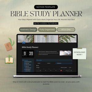 Peut inclure: Un ordinateur portable affiche un modèle de planificateur d'étude biblique avec le texte "Bible Study Planner". L'écran montre une interface de planificateur numérique avec un calendrier, des options de navigation et l'heure 9h39. Une note dit "Télécharger maintenant!"